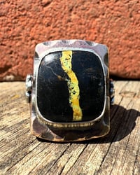 Image 2 of WL&A Rustic Bronze & Sterling Black Jack Ribbon Turquoise Thunderbird Signet - Size 13