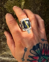 Image 3 of WL&A Rustic Bronze & Sterling Black Jack Ribbon Turquoise Thunderbird Signet - Size 13