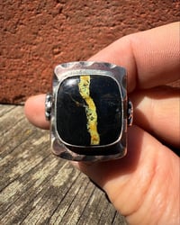 Image 5 of WL&A Rustic Bronze & Sterling Black Jack Ribbon Turquoise Thunderbird Signet - Size 13