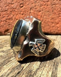 Image 4 of WL&A Rustic Bronze & Sterling Black Jack Ribbon Turquoise Thunderbird Signet - Size 13
