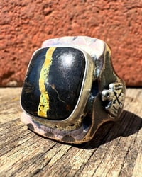 Image 1 of WL&A Rustic Bronze & Sterling Black Jack Ribbon Turquoise Thunderbird Signet - Size 13