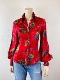 Image 1 of Vintage 1970s Jeff Banks Red Balloon Sleeve Blouse
