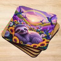 Sloth Sunflowers and Rainbows Cork-back Coaster