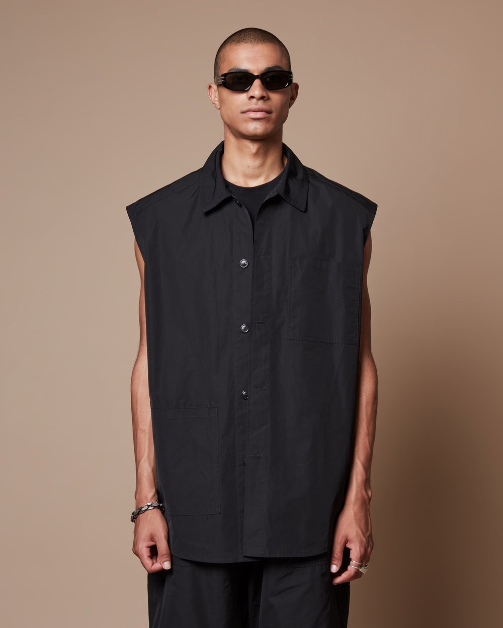 Image of Black Nylon Utility Sleeveless Shirt