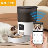 ROJECO Automatic Cat Feeder With Camera Video Cat Food Dispenser Pet Smart Voice Recorder Remote Con