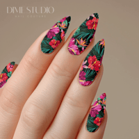 Image 1 of BLACK & RED TROPICAL FLORAL HIBISCUS NAIL DECALS 