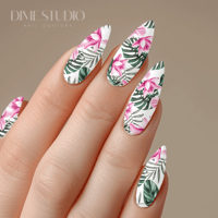 Image 1 of PINK & GREEN TROPICAL PALM FLORAL NAIL DECALS 