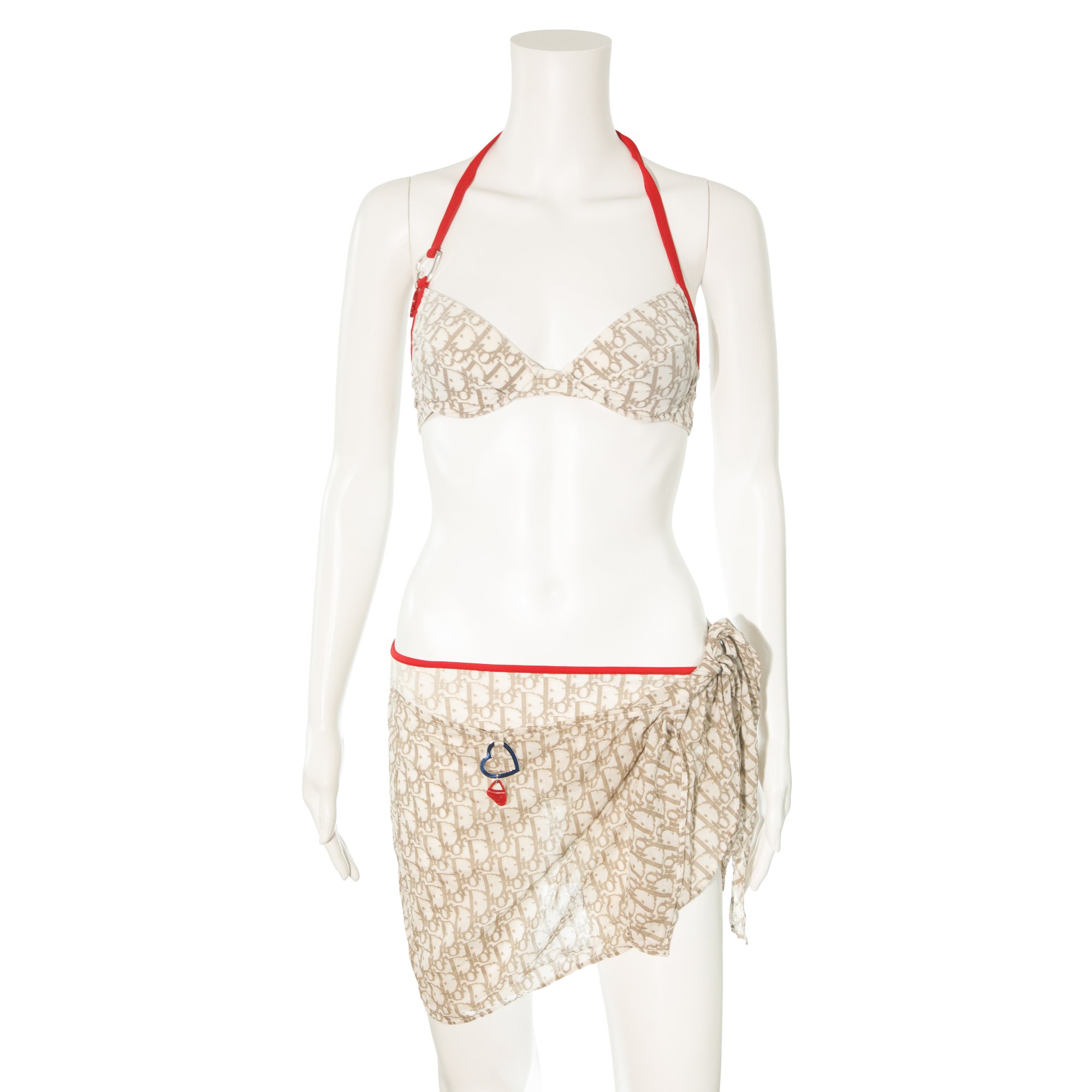 Image of Christian Dior Beige and Red Monogram Bikini and Sarong