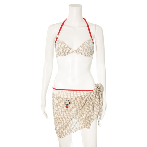 Image of Christian Dior Beige and Red Monogram Bikini and Sarong