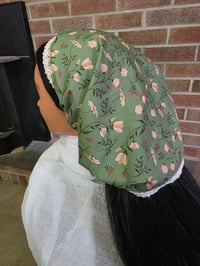 Image 3 of Organic Cotton Crown Cover with Lace Trim- Blossoms on Sage