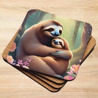 Sloth Baby and Mom In The Forest Cork-back coaster