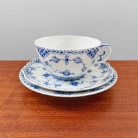 Image 1 of Royal Copenhagen Blue Fluted Full Lace Large Tea Cup Trio Set