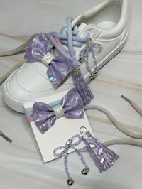 Image 3 of 1 PAIR 42" SWEET LULLABY OMBRE DYED LACES WITH BOWS TASSELS AND CHARMS by LAZY HOUND DESIGNS