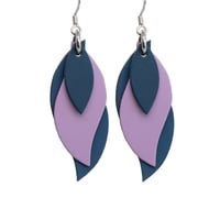 Image 1 of Australian made leather earrings - Leaf. Blues and lilac [LBP-056]
