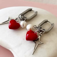 Image 2 of Triple Charm Oval Huggies - red heart, star and pearl