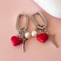 Image 3 of Triple Charm Oval Huggies - red heart, star and pearl