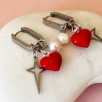 Image 1 of Triple Charm Oval Huggies - red heart, star and pearl