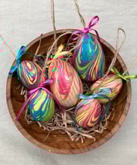 Image 1 of Bright Hand-Marbled Wooden Easter Egg Decorations- set of 6