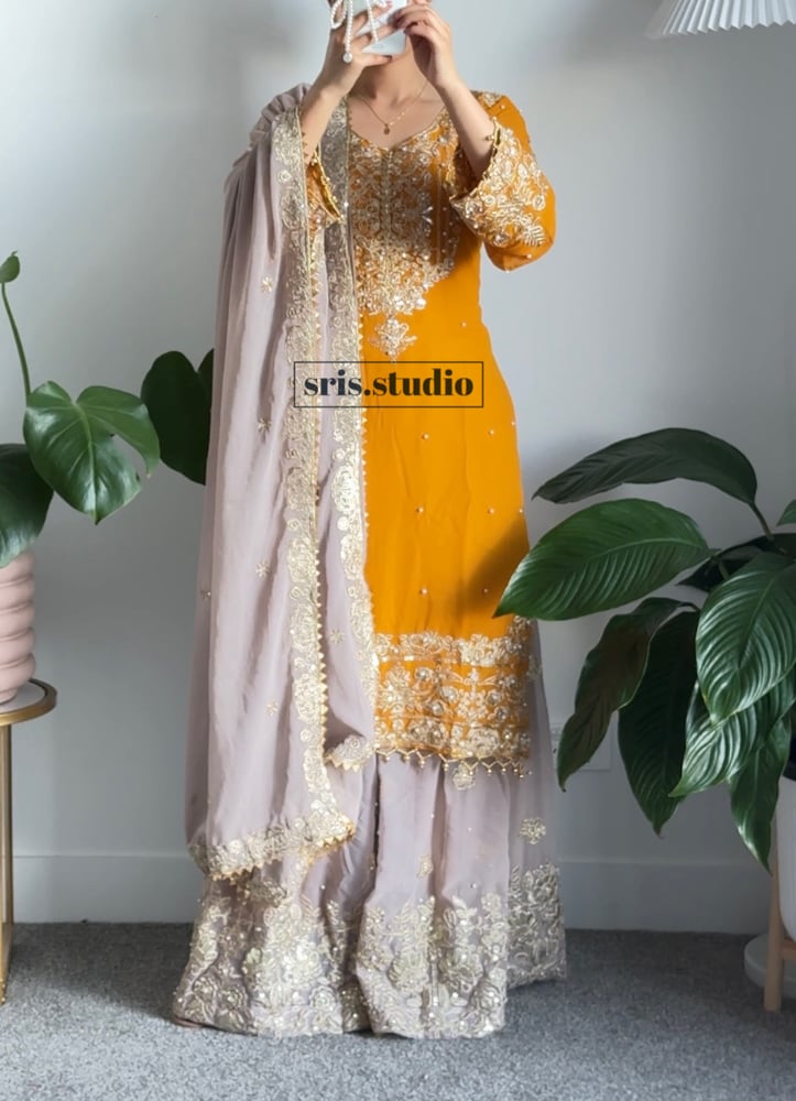 Image of Butter yellow three piece kurtha set