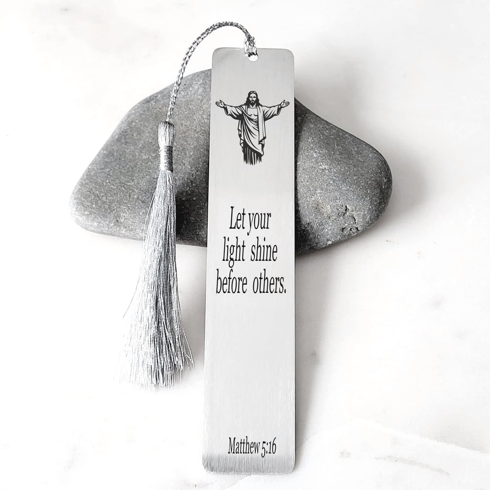 Image of Matthew 5:16 - Let your light shine before others. Christian Metal Bookmark Gifts.