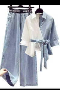 Image 1 of 2 Piece Denim with Baby Blue and White Stripe V-Neck Top