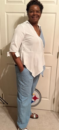 Image 2 of 2 Piece Denim with Baby Blue and White Stripe V-Neck Top