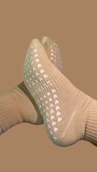 Image 2 of Tan Sock / Pink Bow / Minimalist Design / Pop of Pink / Luvrgirl / Grip socks / Heart Grips