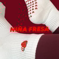 Image 1 of Niña Fresa / White / Red / Minimalist Grip Sock / Red Heart Grips / Strawberry / Black Text 