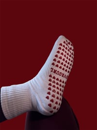 Image 2 of Niña Fresa / White / Red / Minimalist Grip Sock / Red Heart Grips / Strawberry / Black Text 
