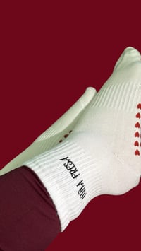 Image 3 of Niña Fresa / White / Red / Minimalist Grip Sock / Red Heart Grips / Strawberry / Black Text 