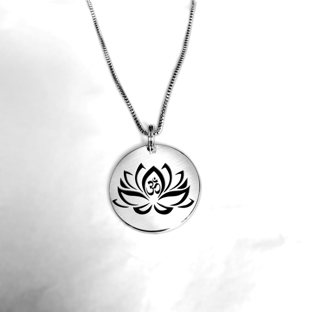 Image of Spiritual Lotus & OM Round Pendant Necklace Silver Steel Color for Men and women