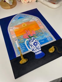 Image 2 of Lillies vase and stained glass ocean view 9 x 12" canvas panel