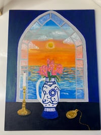 Image 3 of Lillies vase and stained glass ocean view 9 x 12" canvas panel