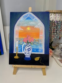 Image 1 of Lillies vase and stained glass ocean view 9 x 12" canvas panel