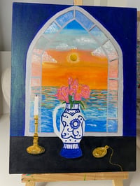 Image 4 of Lillies vase and stained glass ocean view 9 x 12" canvas panel