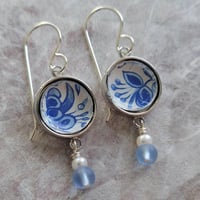 Image 1 of Delft Blue Vintage Tin Lever Back Earrings – Repurposed Recycled from a Vintage Cookie Tin