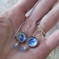 Image 3 of Delft Blue Vintage Tin Lever Back Earrings – Repurposed Recycled from a Vintage Cookie Tin
