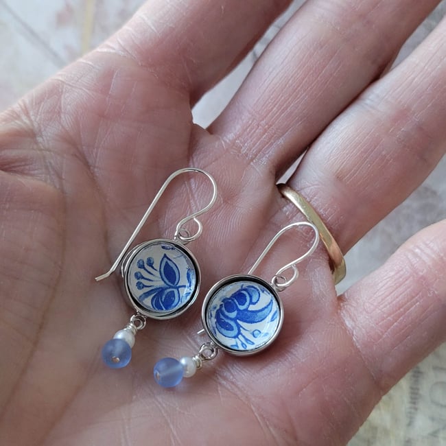Delft Blue Vintage Tin Lever Back Earrings – Repurposed Recycled from a Vintage Cookie Tin