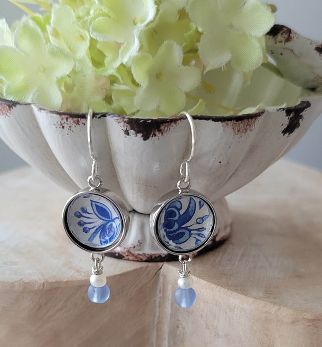 Delft Blue Vintage Tin Lever Back Earrings – Repurposed Recycled from a Vintage Cookie Tin