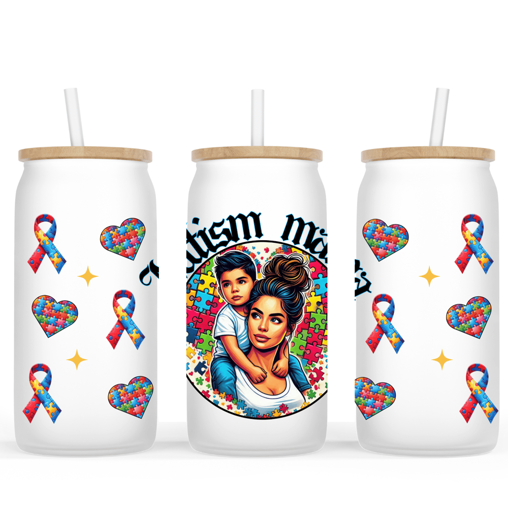 Image of Autism BOY Mama Glass Cup🧩💙(16oz or 20oz Size)
