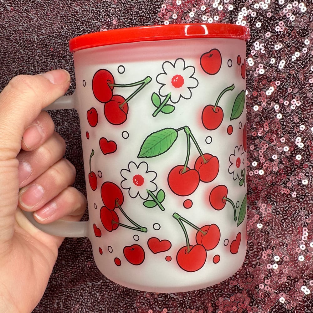 Image of Cherry & Flowers 17oz Glass Mug🍒