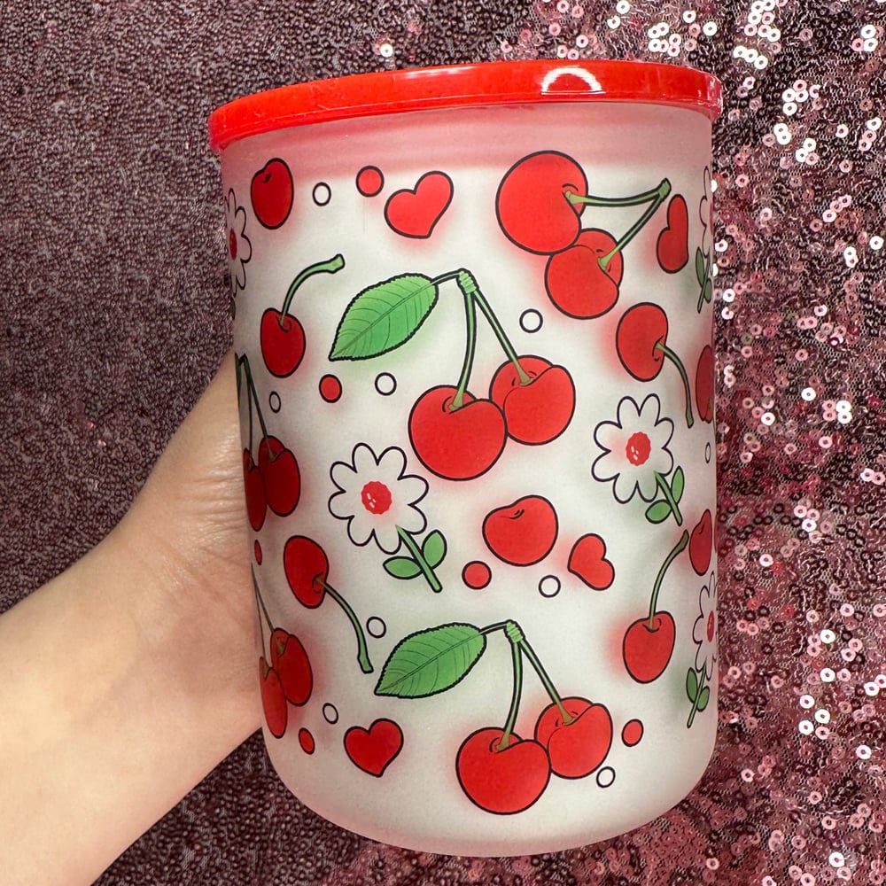 Image of Cherry & Flowers 17oz Glass Mug🍒