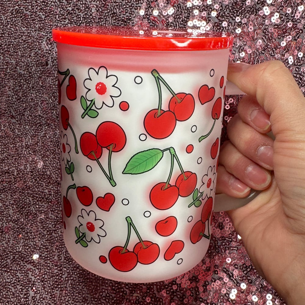 Image of Cherry & Flowers 17oz Glass Mug🍒