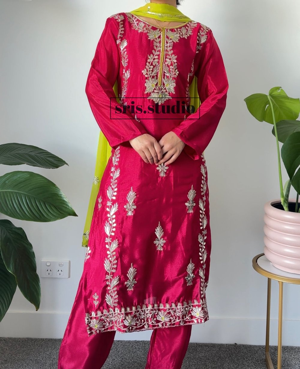Image of silk pink three piece kurtha set