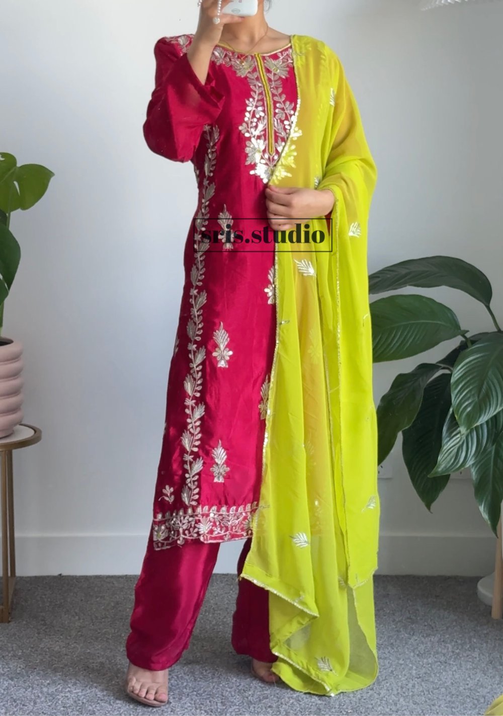 Image of silk pink three piece kurtha set