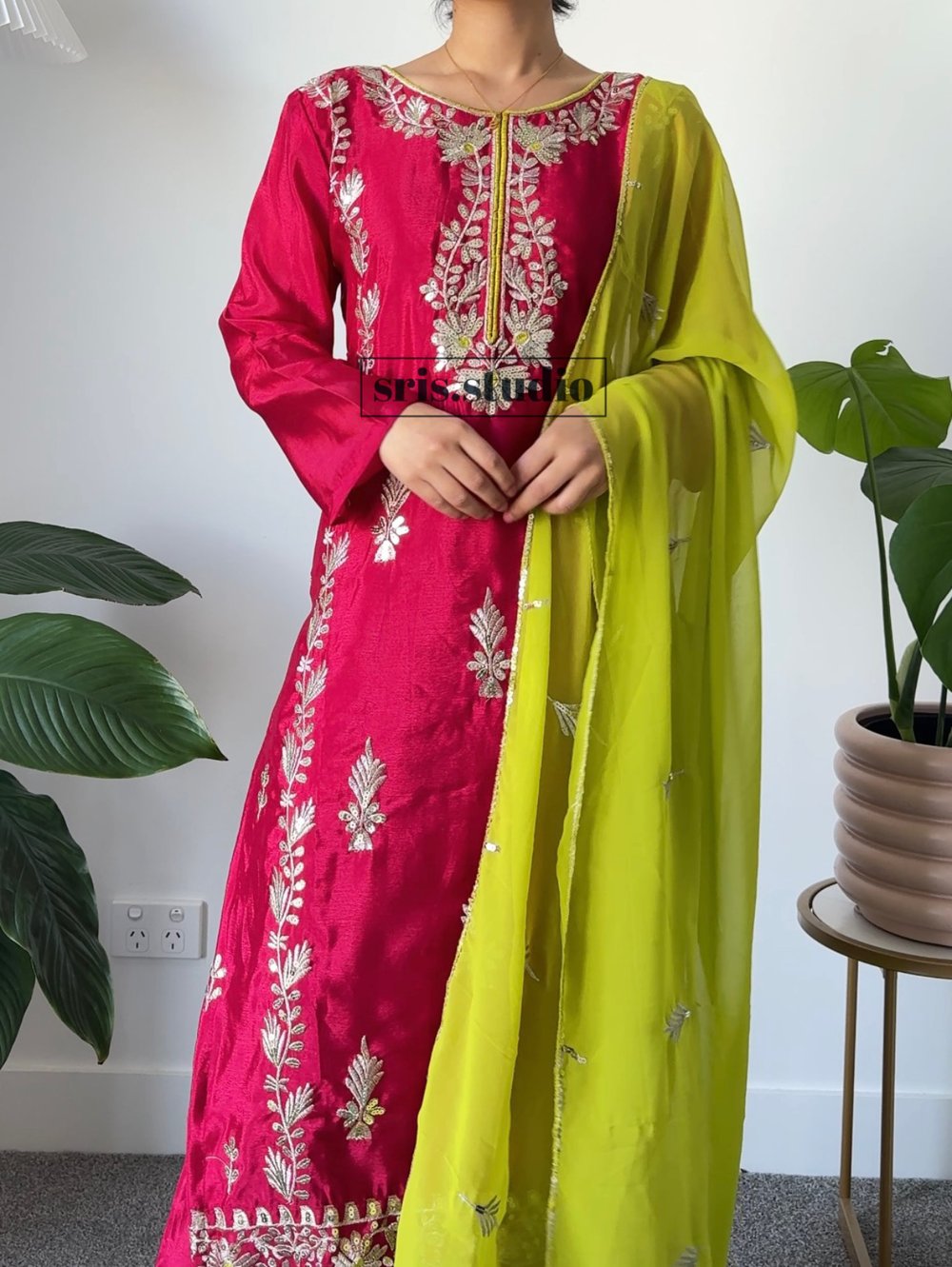 Image of silk pink three piece kurtha set 