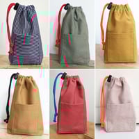 Image 1 of Drawstring Pouch Bag with Pocket. Upcycled Canvas