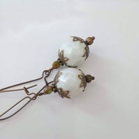 Image 6 of Bohemian Czech Glass Long Dangle Earrings in Mint & Bronze