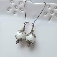 Image 1 of Bohemian Czech Glass Long Dangle Earrings in Mint & Bronze