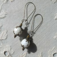 Image 3 of Bohemian Czech Glass Long Dangle Earrings in Mint & Bronze
